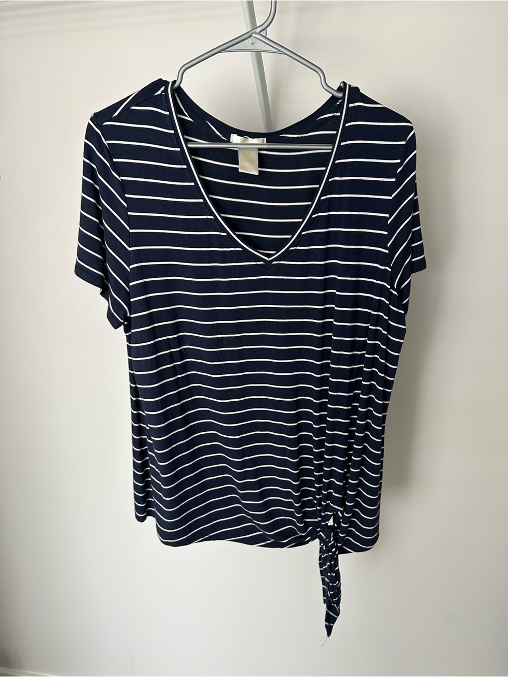 Matty M Navy and White Striped V-Neck Tie-Hem Tee